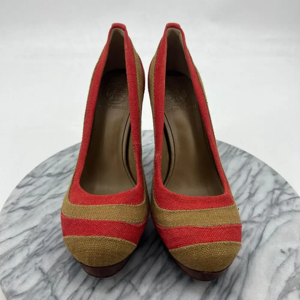 Tory Burch Joelle Platform Pump Womens 8 Linen Patchwork Wood Heel Round Toe